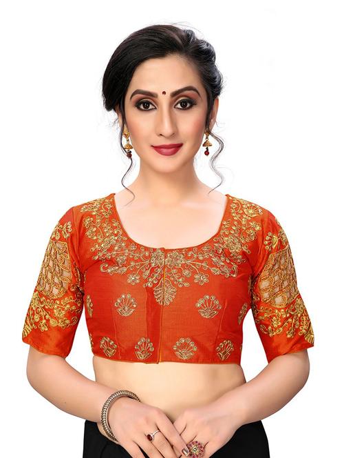 orange round neck stitched blouse - 20119342 - Very Small Image - 1