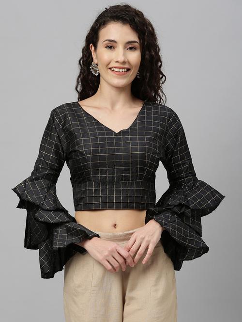 v-neck checkered print regular blouse - 20120245 - Very Small Image - 1