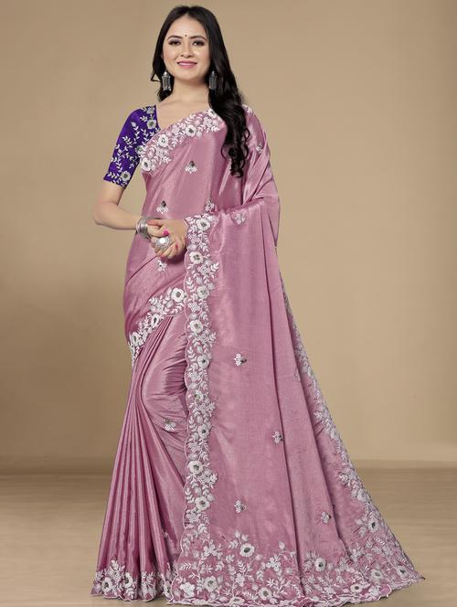 pink self design embroidered saree with blouse - 20120584 - Very Small Image - 1