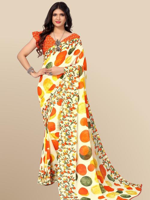 women's geometric cream colored saree with blouse - 20120646 - Very Small Image - 1