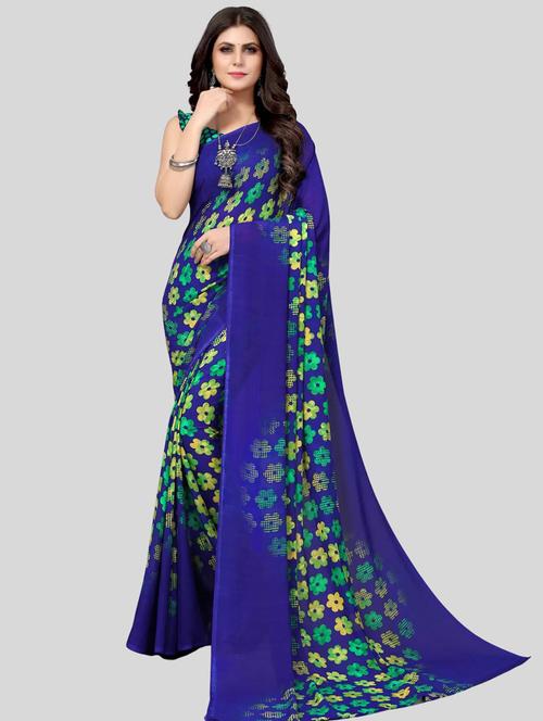 blue floral printed saree with blouse - 20120711 - Very Small Image - 1