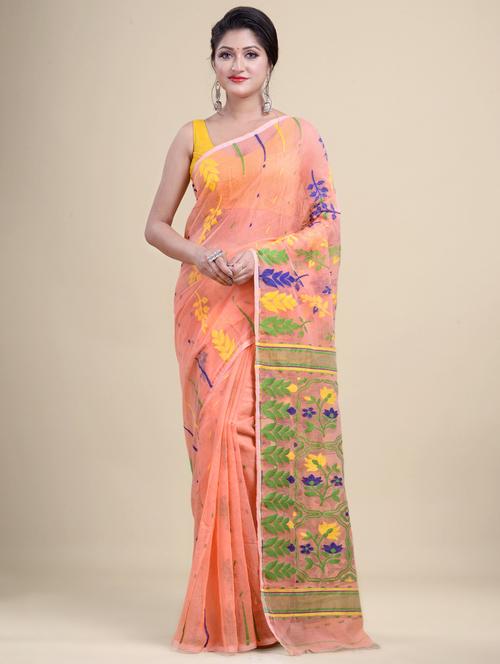 peach cotton jamdani saree - 20121056 - Very Small Image - 1
