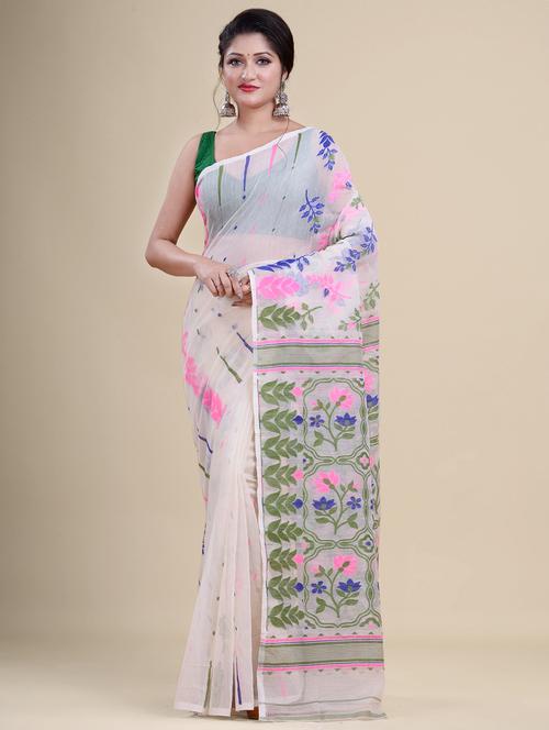 white cotton jamdani saree - 20121058 - Very Small Image - 1