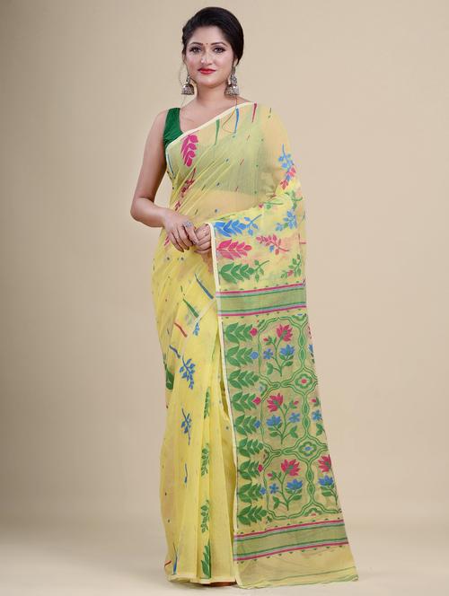 yellow cotton jamdani saree - 20121059 - Very Small Image - 1