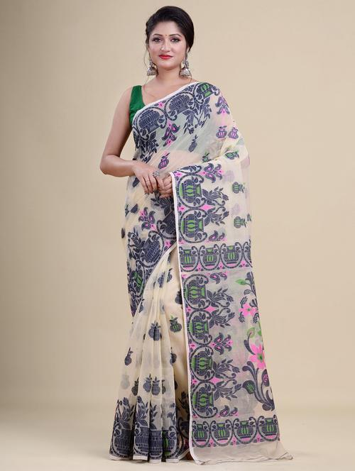 yellow cotton jamdani saree - 20121068 - Very Small Image - 1