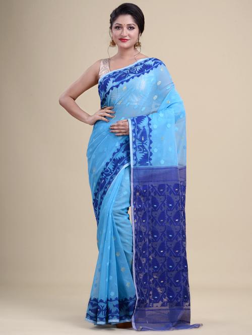 sky blue cotton jamdani saree - 20121073 - Very Small Image - 1