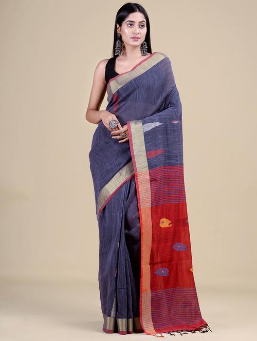grey cotton handloom saree with blouse - 20121150 - Very Small Image - 1