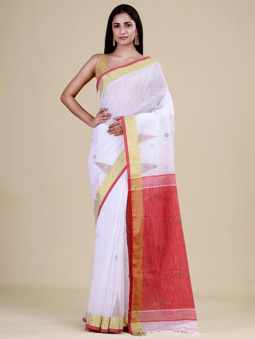 white cotton handloom saree with blouse - 20121157 - Very Small Image - 1