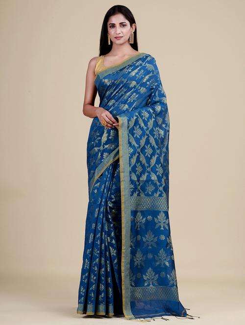 blue silk blend handloom saree with blouse - 20121171 - Very Small Image - 1