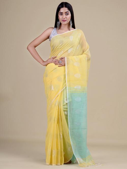 yellow silk blend handloom saree with blouse - 20121177 - Very Small Image - 1