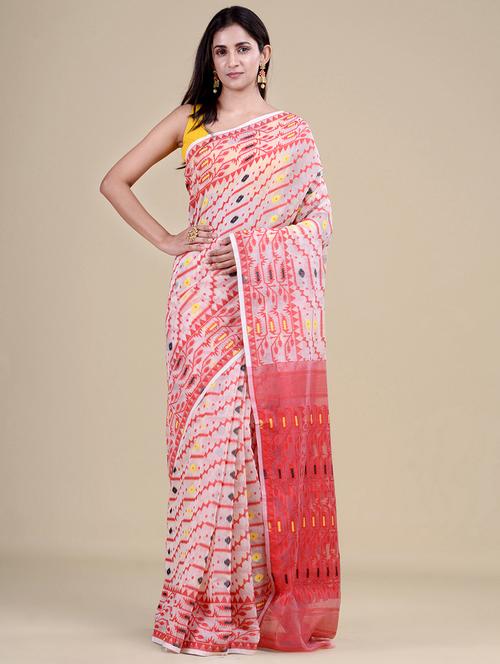 red cotton jamdani saree - 20121193 - Very Small Image - 1