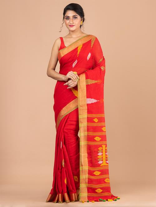 red cotton handloom saree - 20121316 - Very Small Image - 1