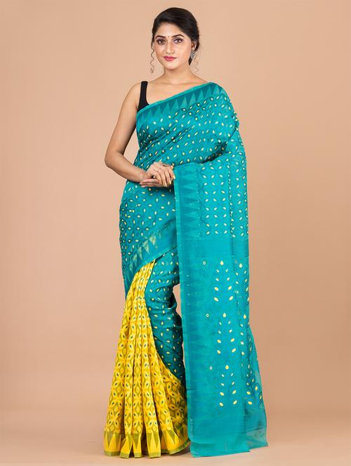 yellow & turquoise minakari jamdani saree - 20121336 - Very Small Image - 1