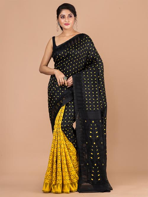 yellow & black minakari jamdani saree - 20121338 - Very Small Image - 1