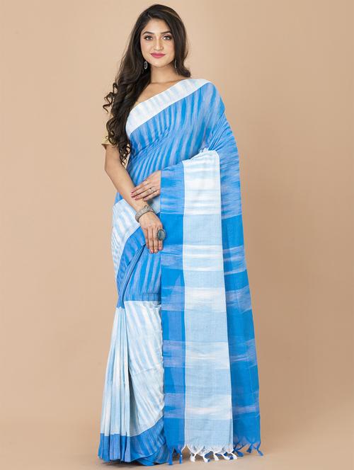 sky blue cotton handloom saree with blouse - 20121432 - Very Small Image - 1