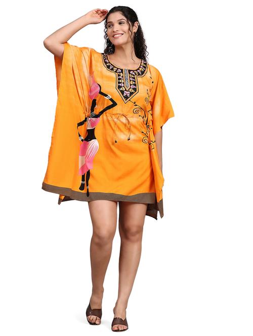 orange printed round neck relaxed fit kaftan dress - 20122075 - Very Small Image - 1
