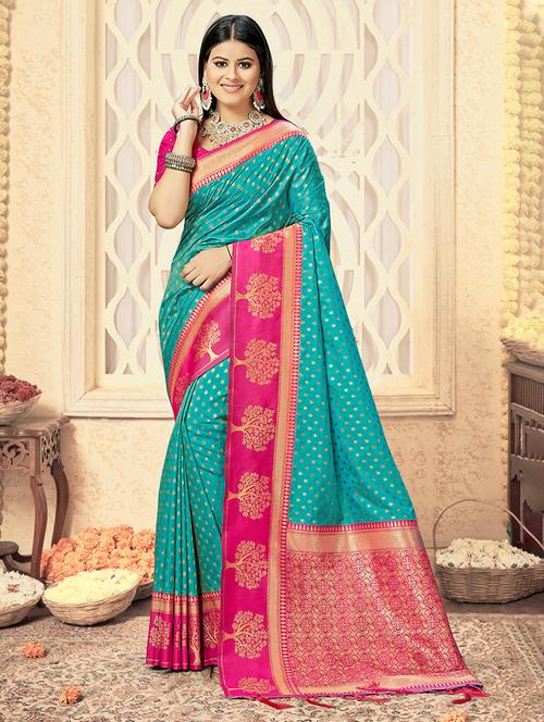 turquoise silk saree - 20122107 - Very Small Image - 1