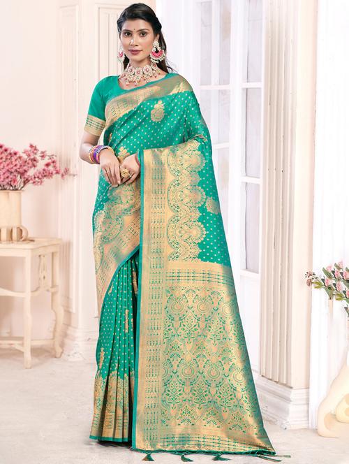 turquoise silk banarasi saree - 20122185 - Very Small Image - 1