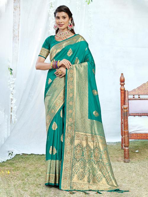 turquoise silk banarasi saree - 20122210 - Very Small Image - 1