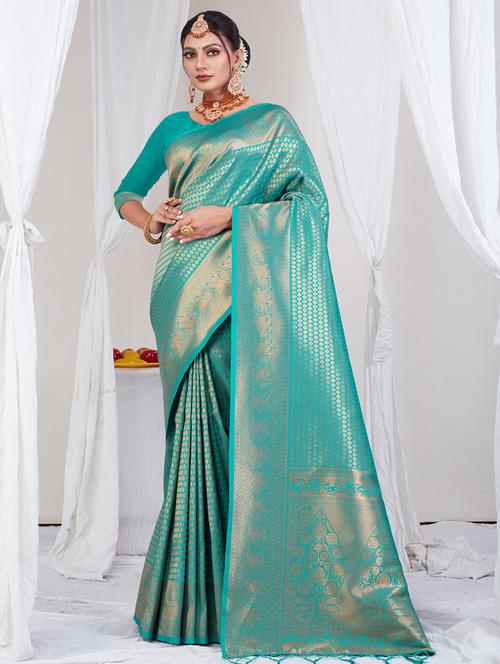 turquoise silk kanjivaram saree - 20122223 - Very Small Image - 1