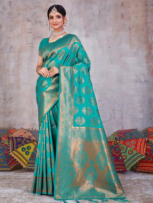 turquoise silk banarasi saree - 20122227 - Very Small Image - 1