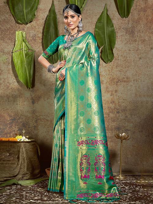 turquoise silk paithani saree - 20122235 - Very Small Image - 1
