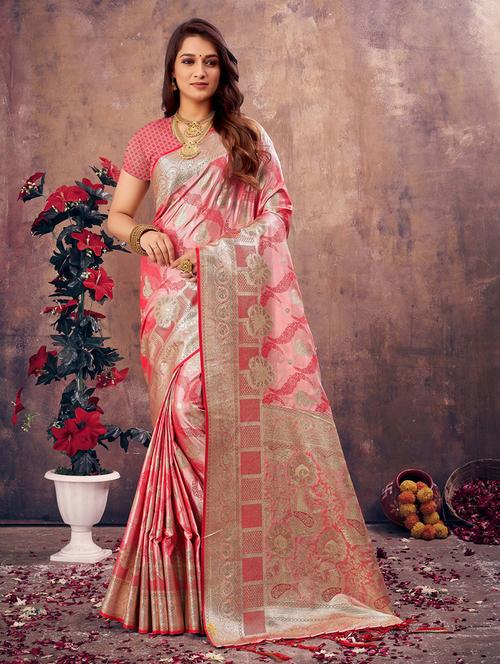 women's self design pink colored saree with blouse - 20122291 - Very Small Image - 1