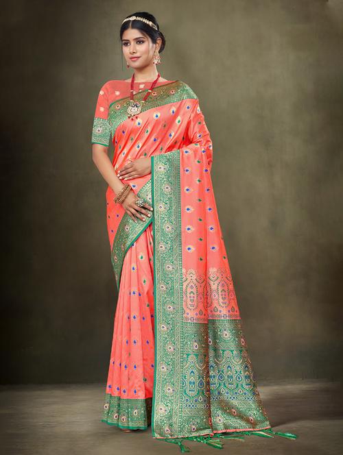 peach silk banarasi saree - 20122294 - Very Small Image - 1