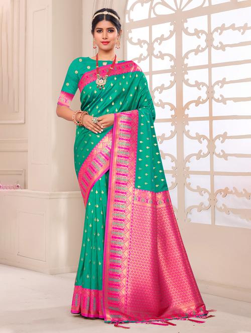 turquoise silk banarasi saree - 20122321 - Very Small Image - 1