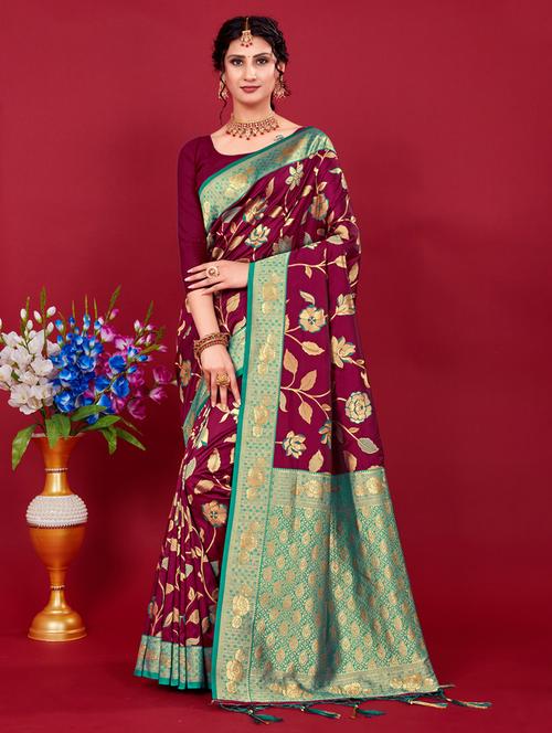 maroon silk banarasi saree - 20122346 - Very Small Image - 1