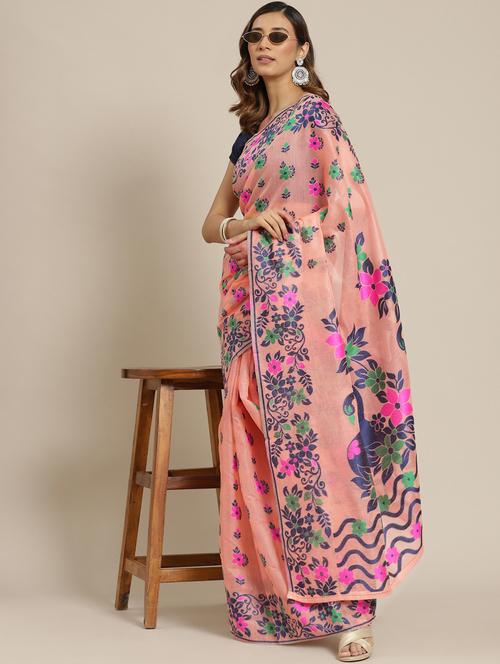 women's self design peach colored saree with blouse - 20122841 - Very Small Image - 1