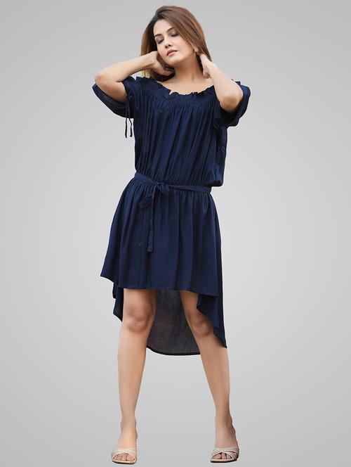 blue solid off shoulder high-low dress - 20123337 - Very Small Image - 1