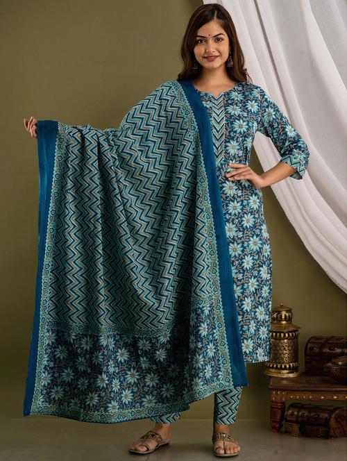 blue floral printed kurta pant set with dupatta - 20123395 - Very Small Image - 1