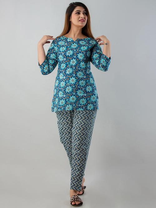 blue floral printed kurta pant set - 20123397 - Very Small Image - 1
