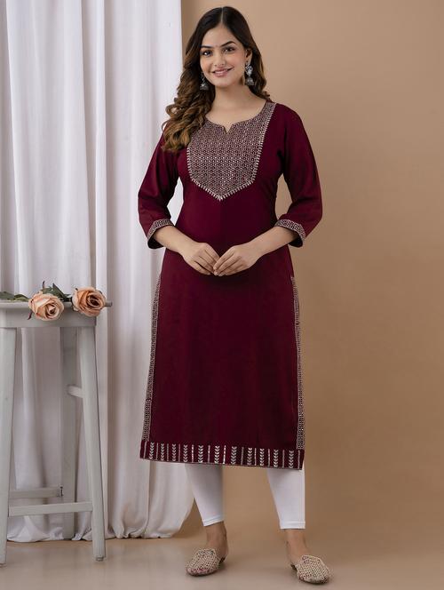 maroon notch neck self design straight kurta - 20123980 - Very Small Image - 1