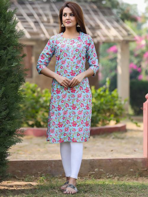 blue floral printed straight kurta - 20123994 - Very Small Image - 1