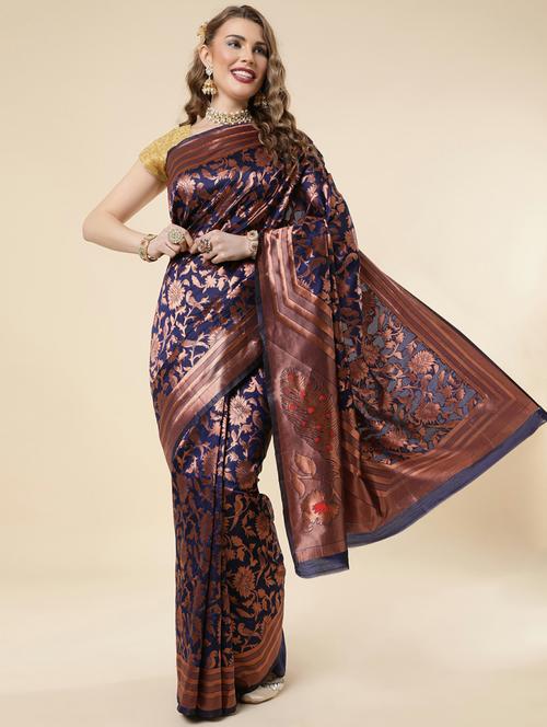 navy blue printed saree with blouse - 20125520 - Very Small Image - 1