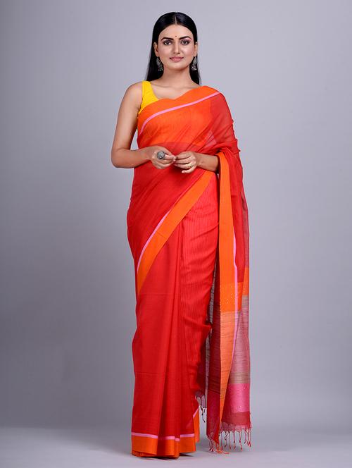red cotton silk handloom saree with blouse - 20126184 - Very Small Image - 1