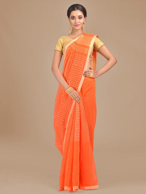 orange cotton blend handloom saree with blouse - 20126239 - Very Small Image - 1