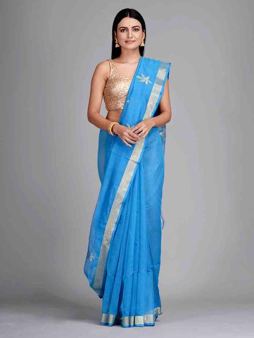 blue cotton silk handloom saree with blouse - 20126305 - Very Small Image - 1