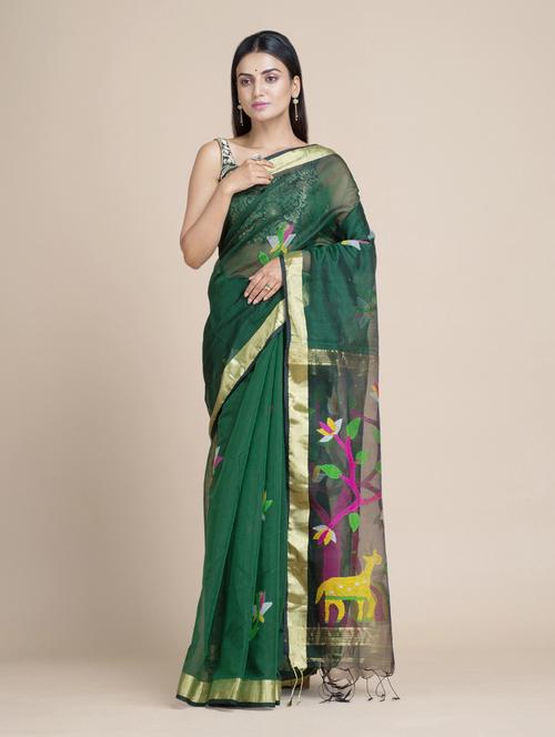green cotton blend handloom saree - 20126366 - Very Small Image - 1