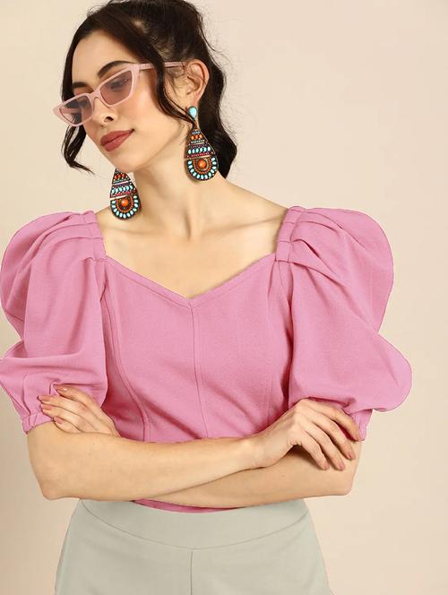 pink solid puff sleeves regular fit top - 20126967 - Very Small Image - 1