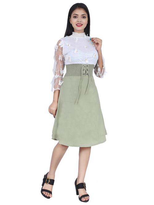 green & white self designed mock neck fit & flare dress - 20127170 - Very Small Image - 1