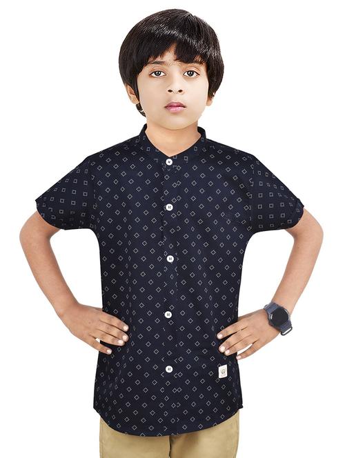 navy blue printed short sleeves causal shirt - 20128284 - Very Small Image - 1