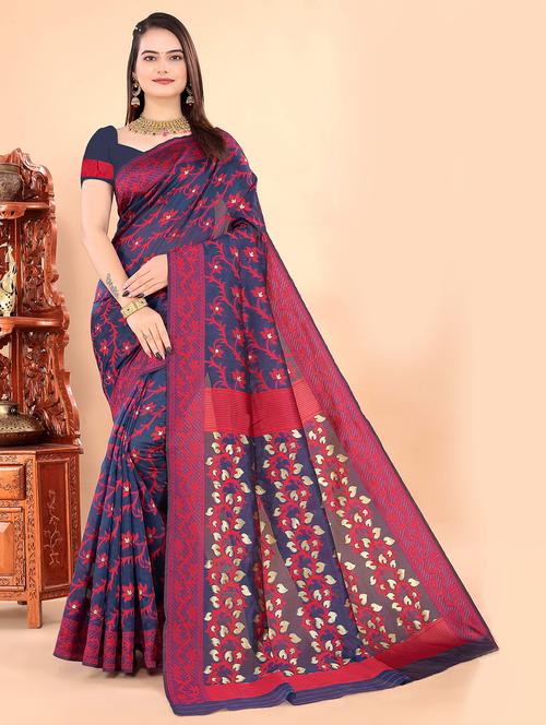 women's self design navy blue colored saree - 20129254 - Very Small Image - 1