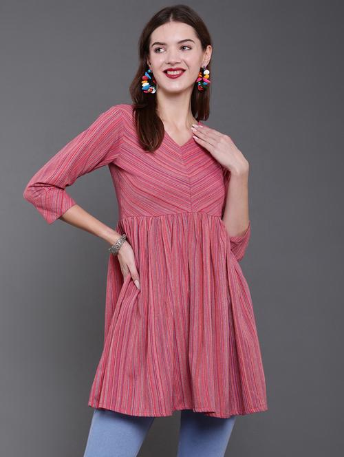 pink striped a-line kurti - 20129331 - Very Small Image - 1