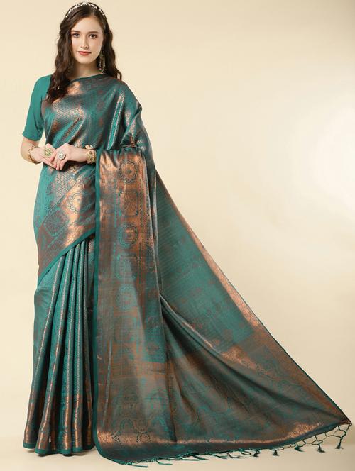 teal banarasi saree - 20129603 - Very Small Image - 1