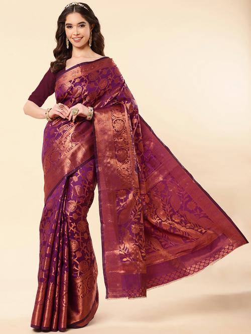 purple art silk banarasi saree with blouse - 20129618 - Very Small Image - 1