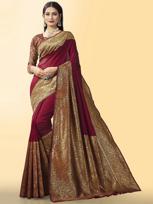 maroon art silk banarasi saree with blouse - 20129642 - Very Small Image - 1