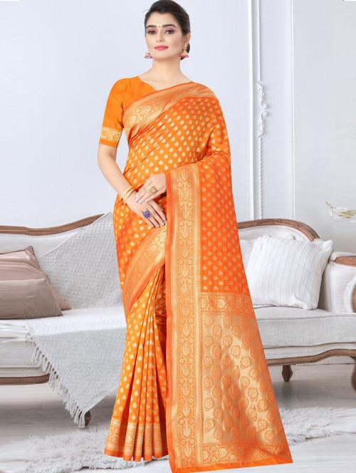 orange art silk banarasi saree with blouse - 20129694 - Very Small Image - 1
